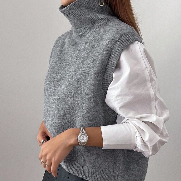 Casual Turtleneck Split Hem Sweater Vest Grey - Picture 2 of 5